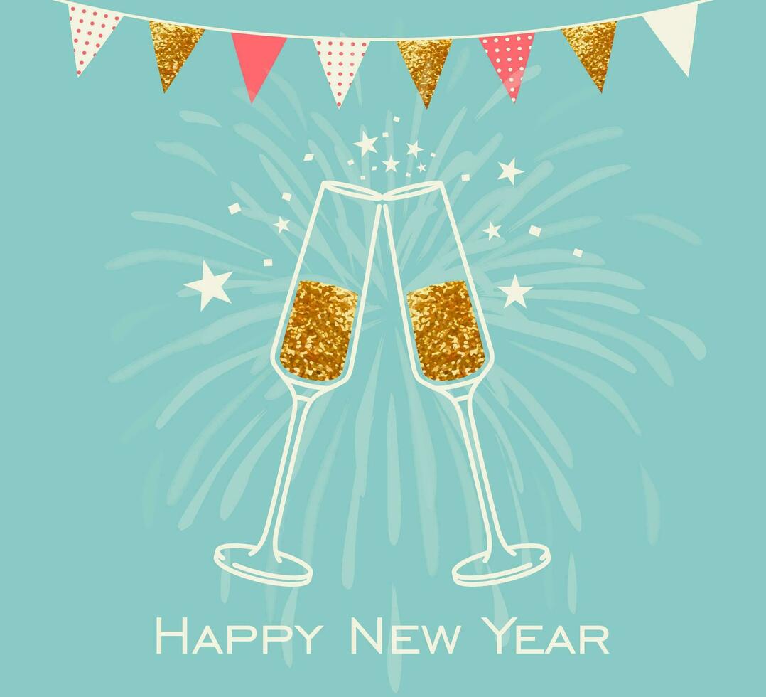 Happy new year greeting card line art illustration vector design. Banner with champagne glasses, garland and fireworks. Event, party, celebration. Cheers