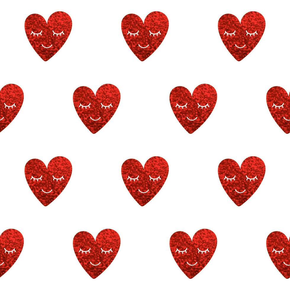 Red glitter hearts pattern with white eyes and smile on white background. Seamless pattern for wallpaper, wrapping paper, fabric, poster. vector