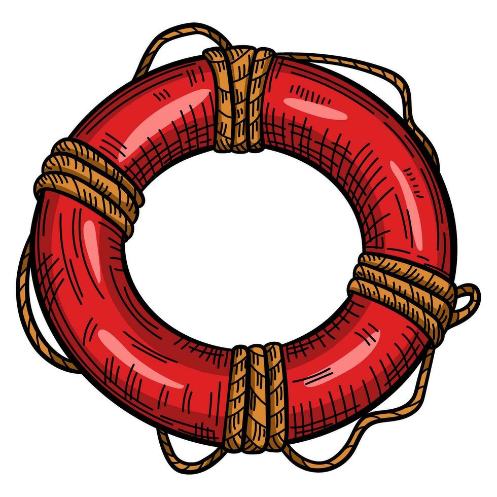 Red lifebuoy with rope isolated sketch. Hand drawn life ring in engraving style. vector