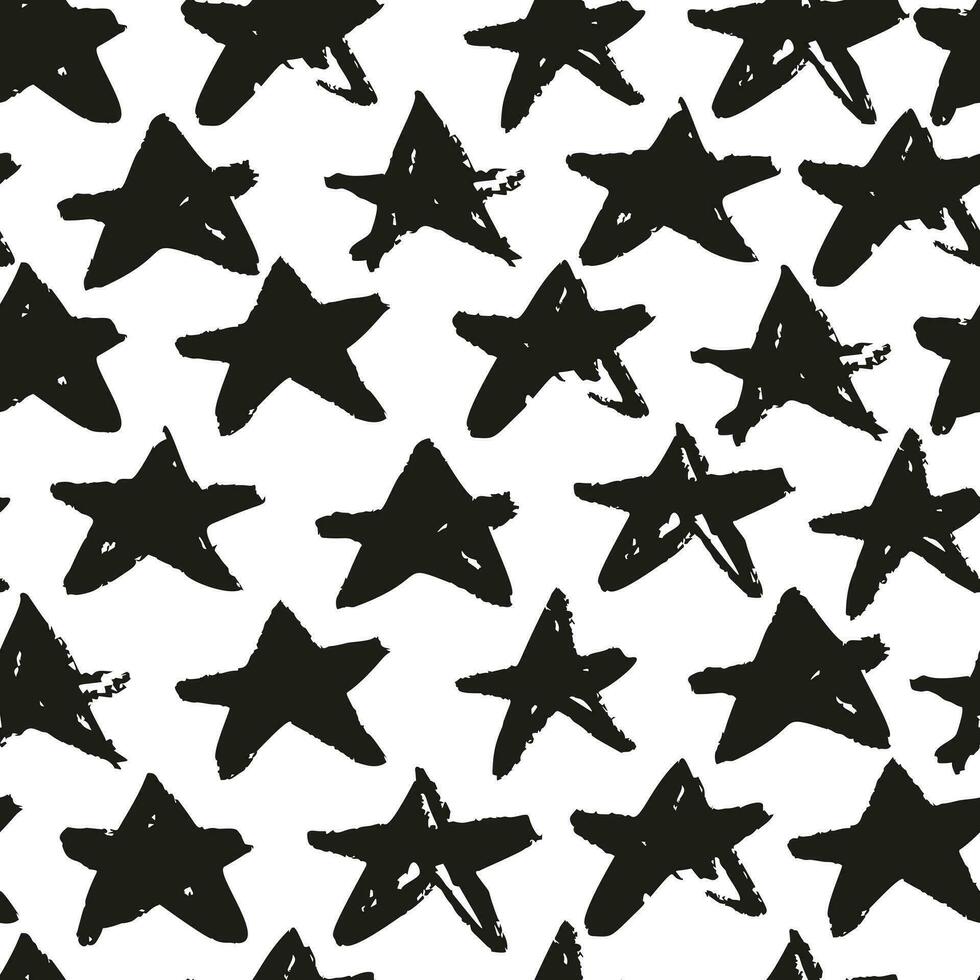 Monochrome grunge stars seamless pattern isolated on white background. Hand drawn paint brush backdrop. vector