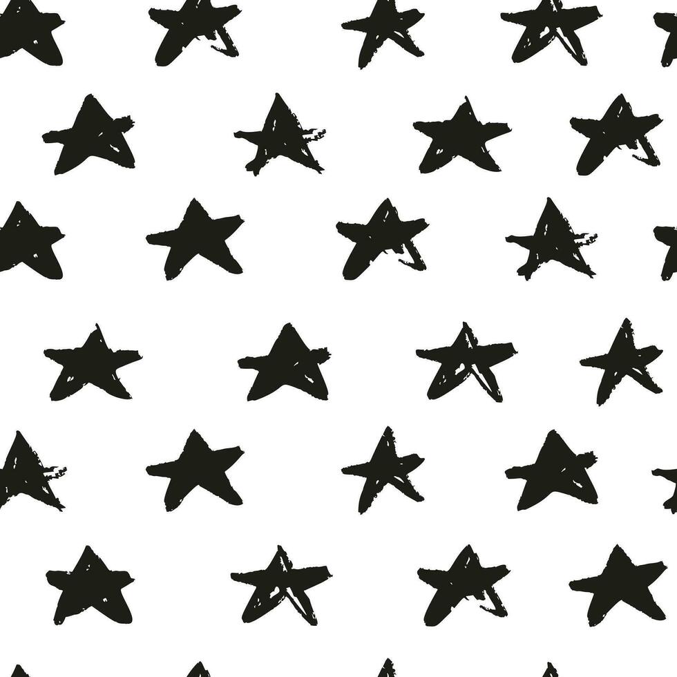Monochrome grunge stars seamless pattern isolated on white background. Hand drawn paint brush backdrop. Black ink stains star wallpaper. vector