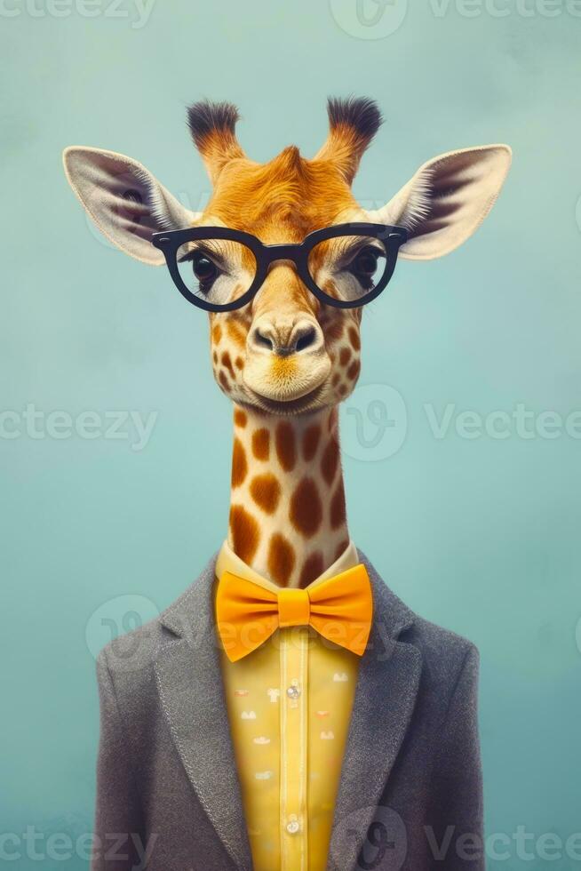 Giraffe wearing glasses and suit with yellow bow tie. Generative AI photo