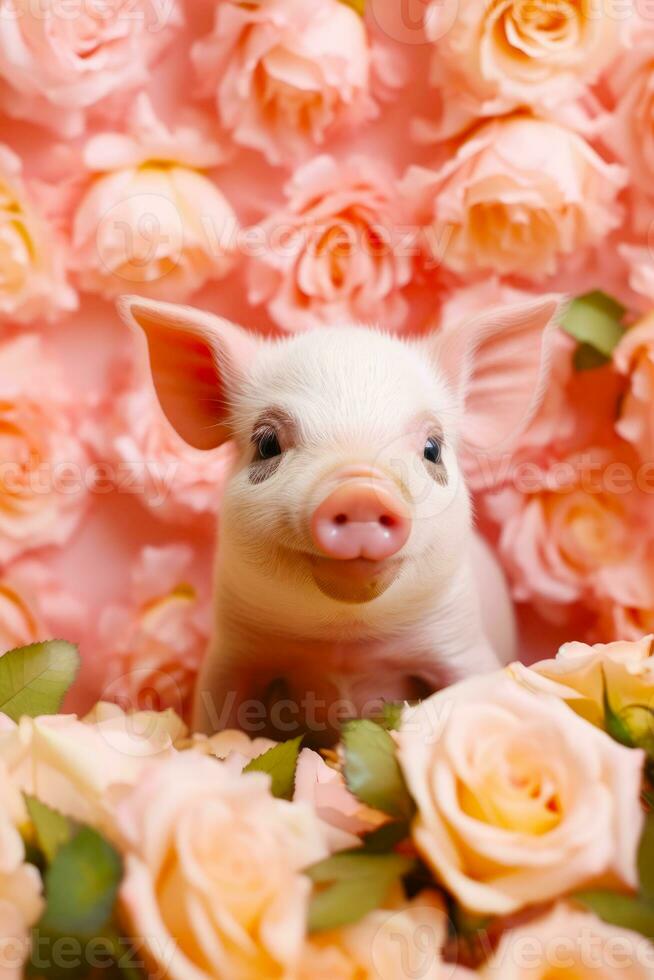 Small pig sitting in bed of pink and white flowers and roses. Generative AI photo