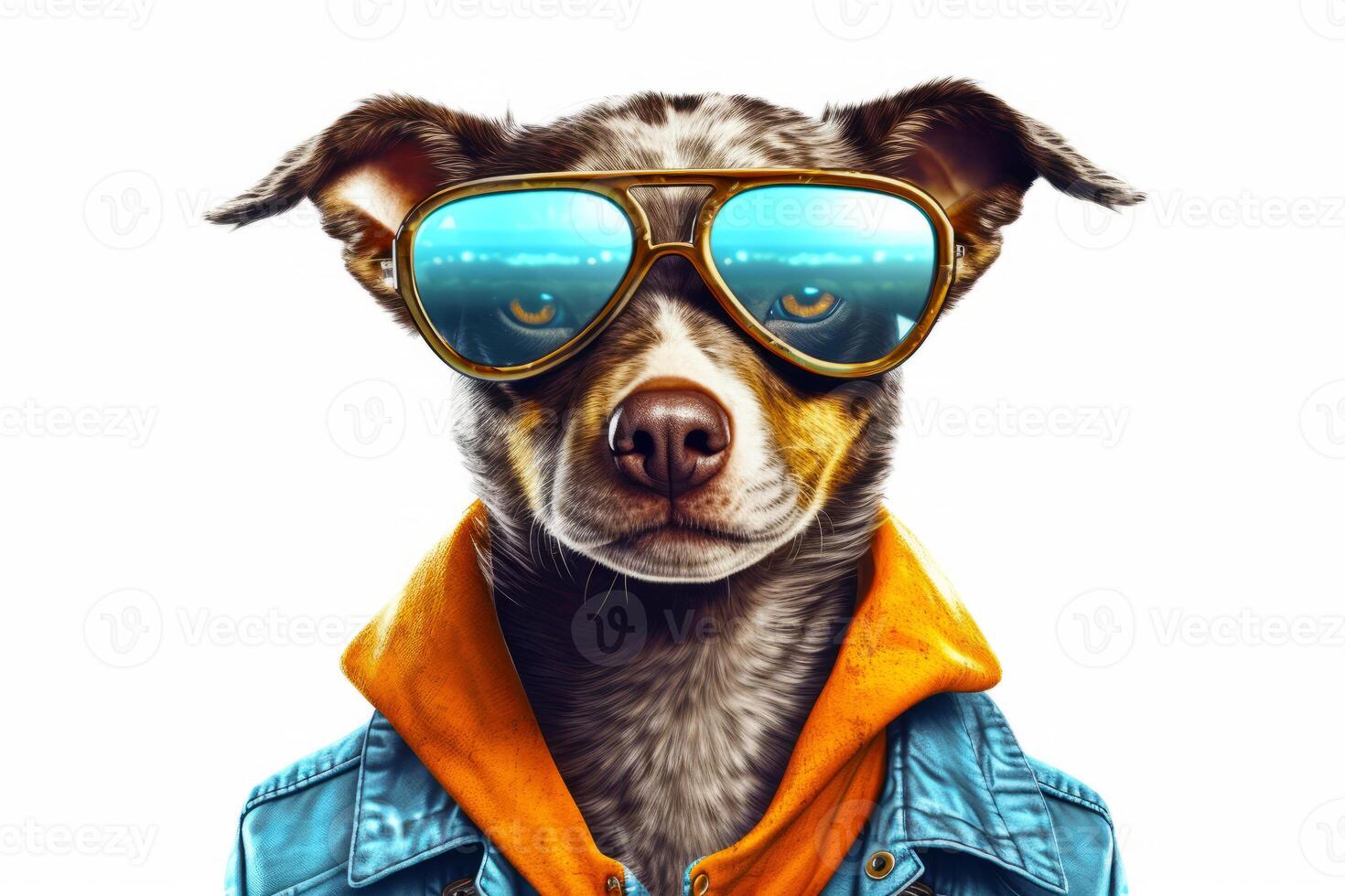 Dog wearing blue jacket and yellow hoodie with pair of sunglasses on it's face. photo