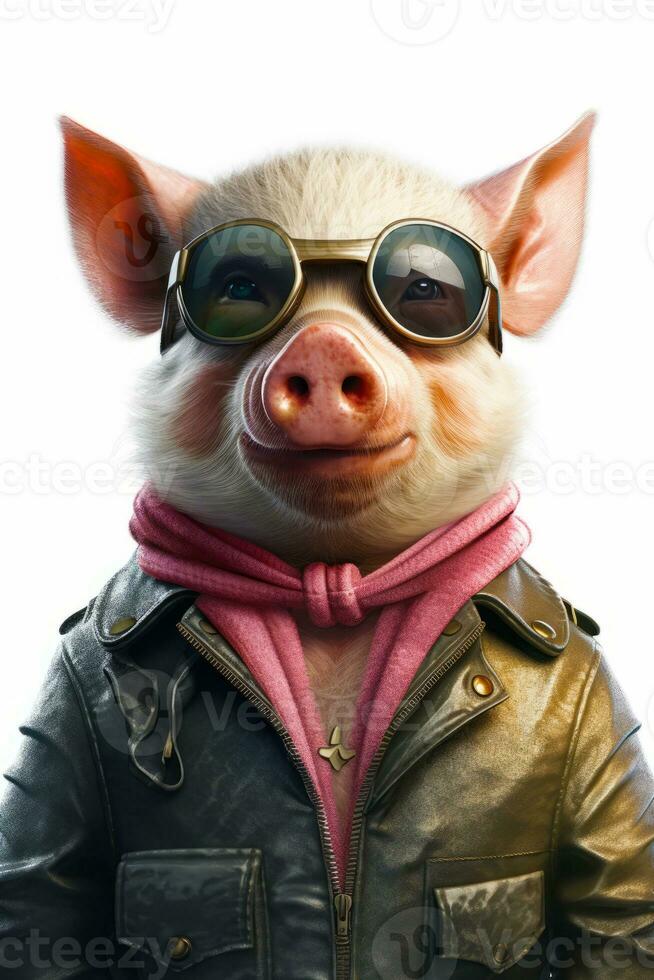 Pig wearing leather jacket and sunglasses with pink scarf around its neck. Generative AI photo