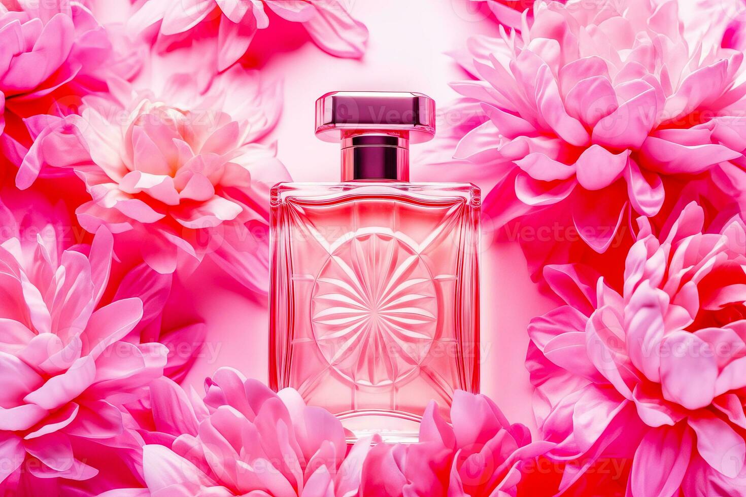 Perfume bottle surrounded by pink flowers on pink background with pink petals. Generative AI photo
