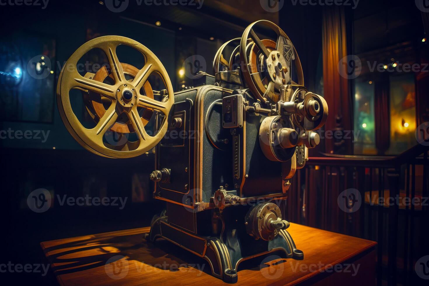 Old movie projector sitting on top of wooden table next to window. photo