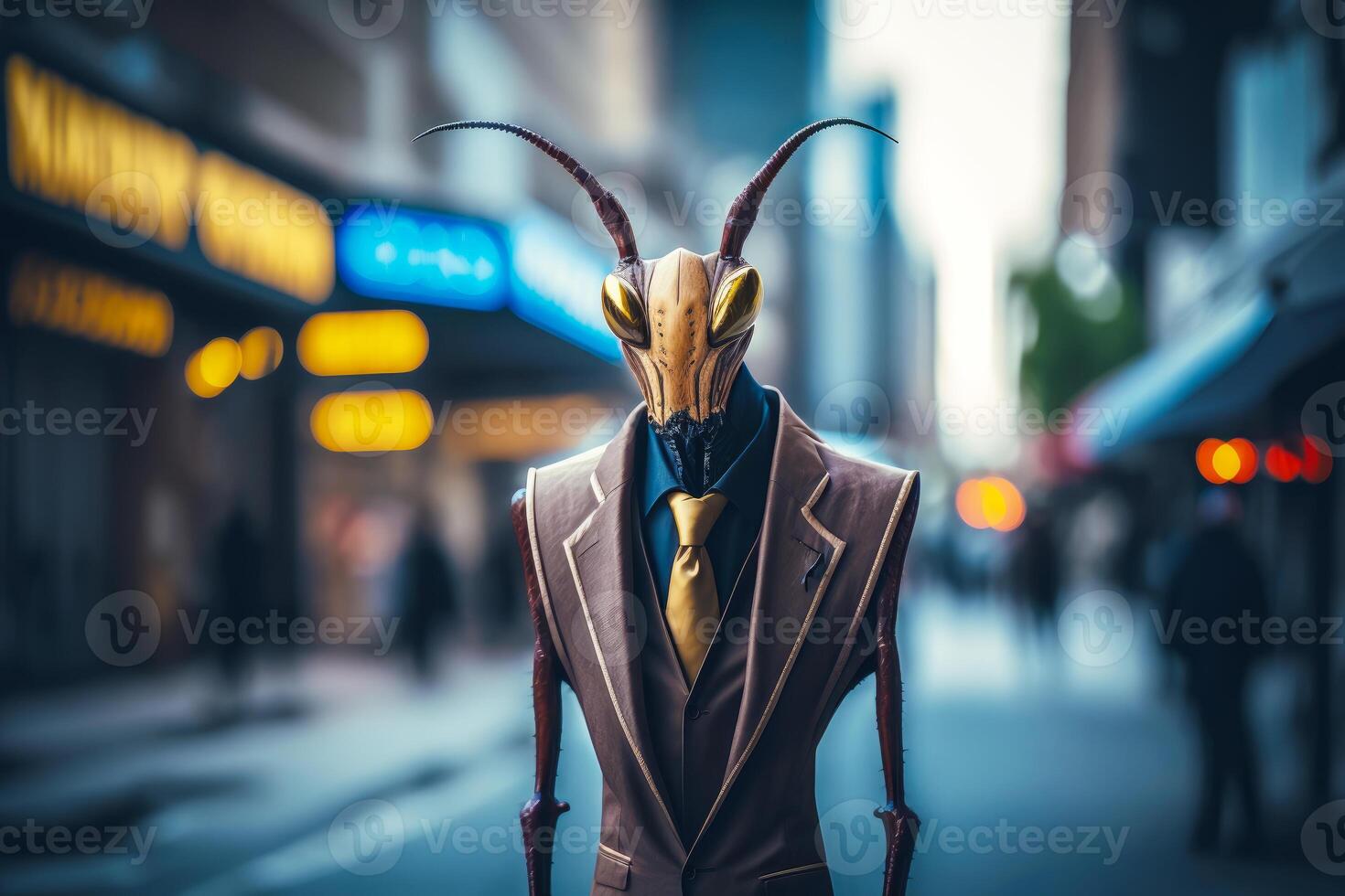 Man in suit and tie standing on street with alien like head. photo