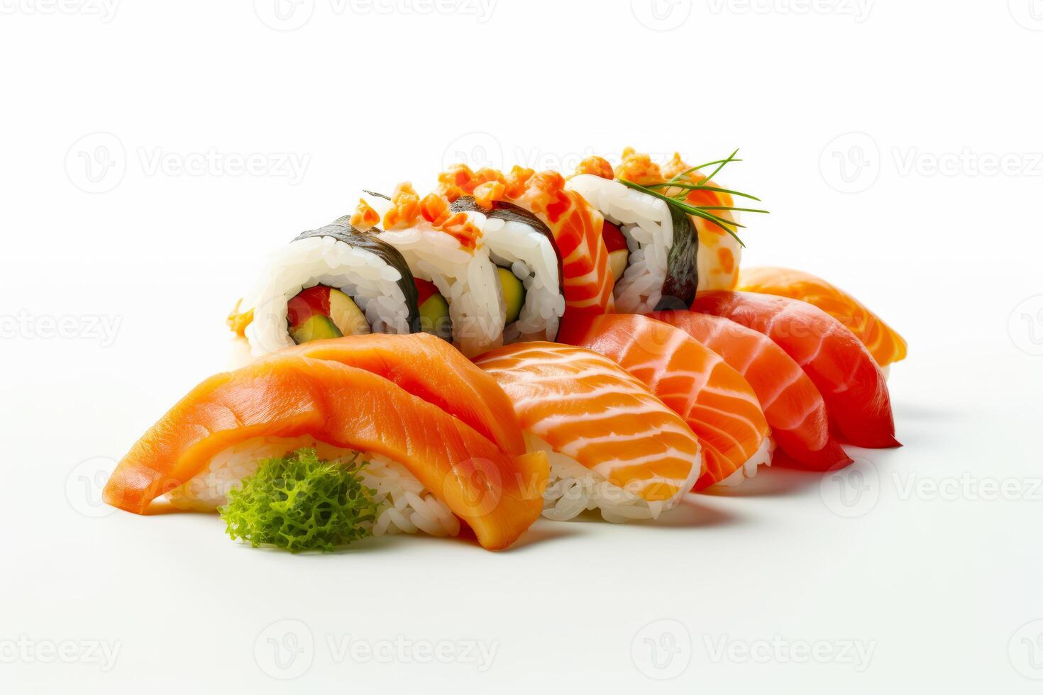 Close up of sushi on white background with white background. Generative AI photo