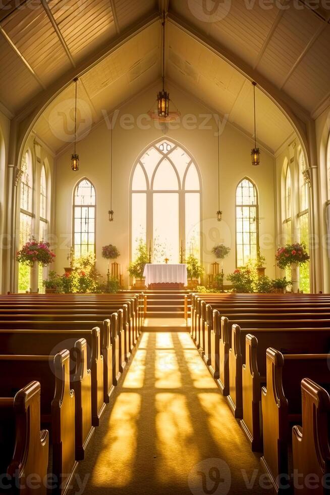 Church with rows of pews and table with white cloth on it. photo
