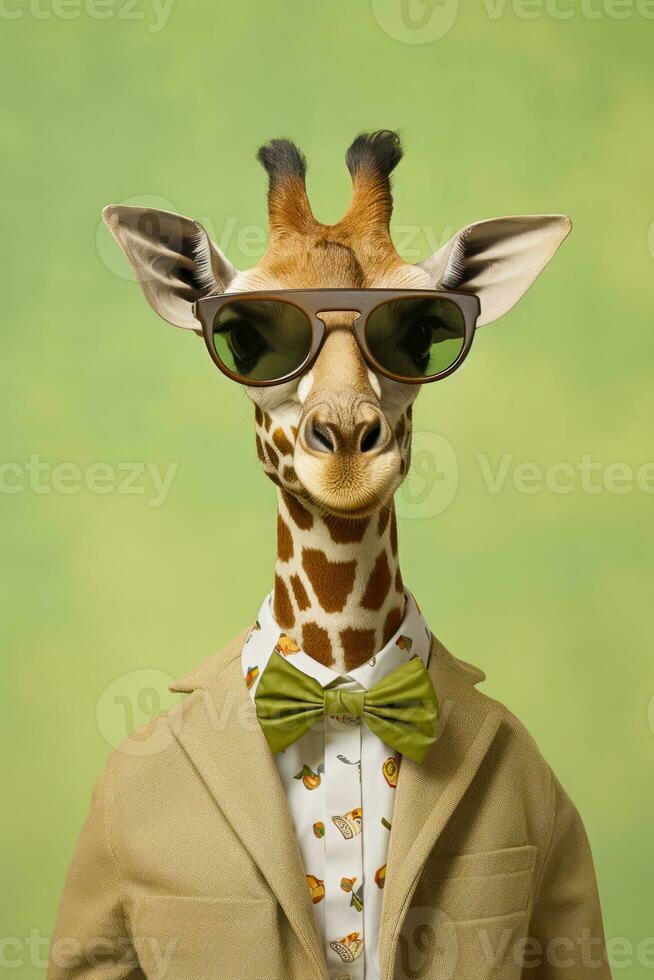 Giraffe wearing glasses and suit with green bow tie. Generative AI ...