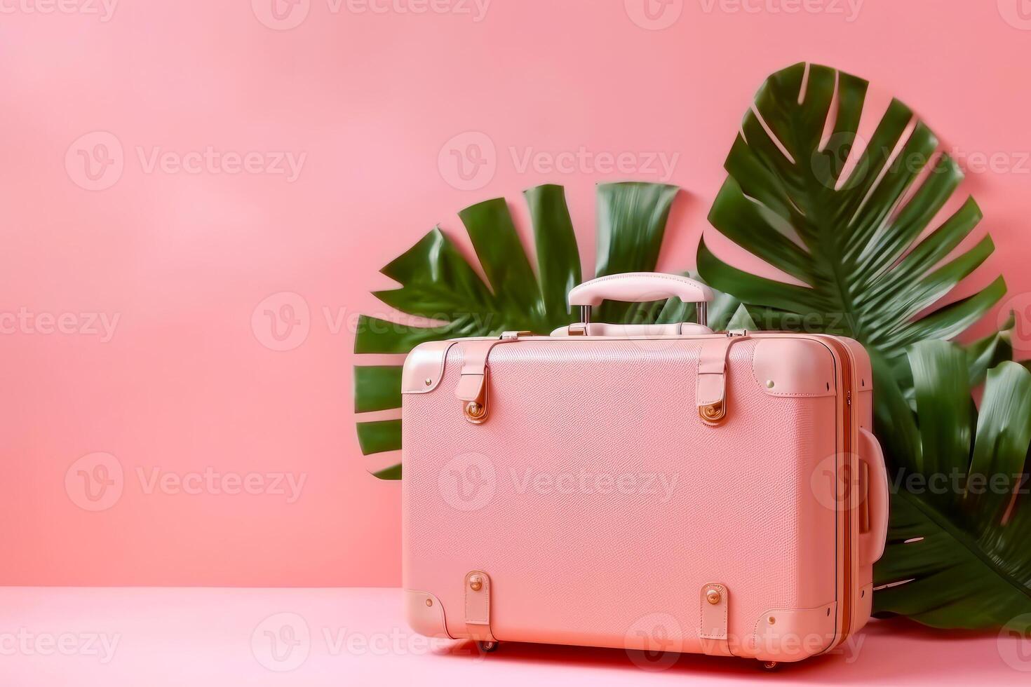 Pink suitcase sitting next to large green plant on pink background. photo