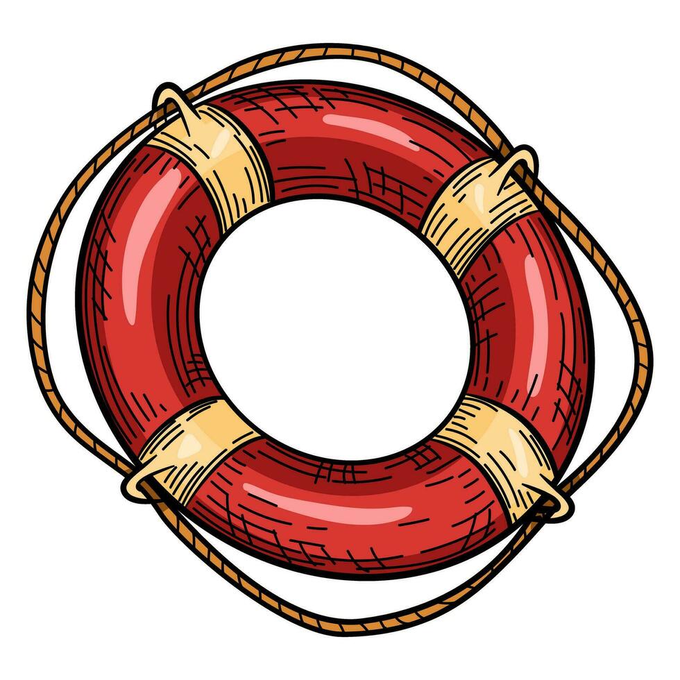 Red lifebuoy with rope isolated sketch. Hand drawn life ring in engraving style. vector