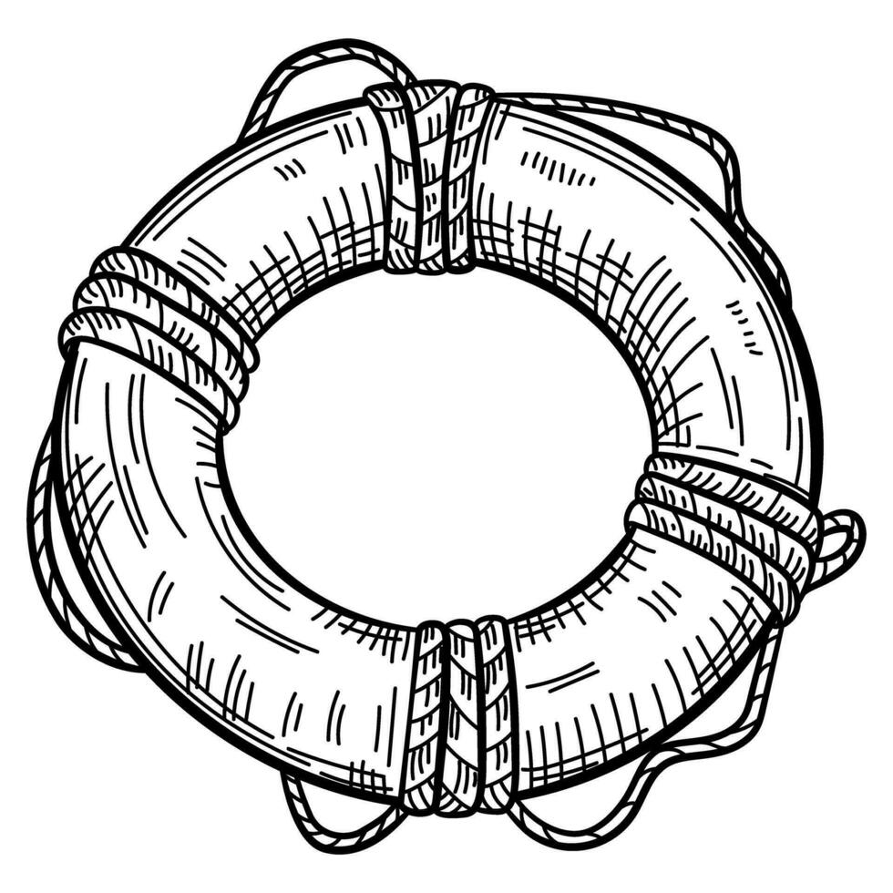 Lifebuoy with rope isolated sketch. Hand drawn life ring in engraving style. vector