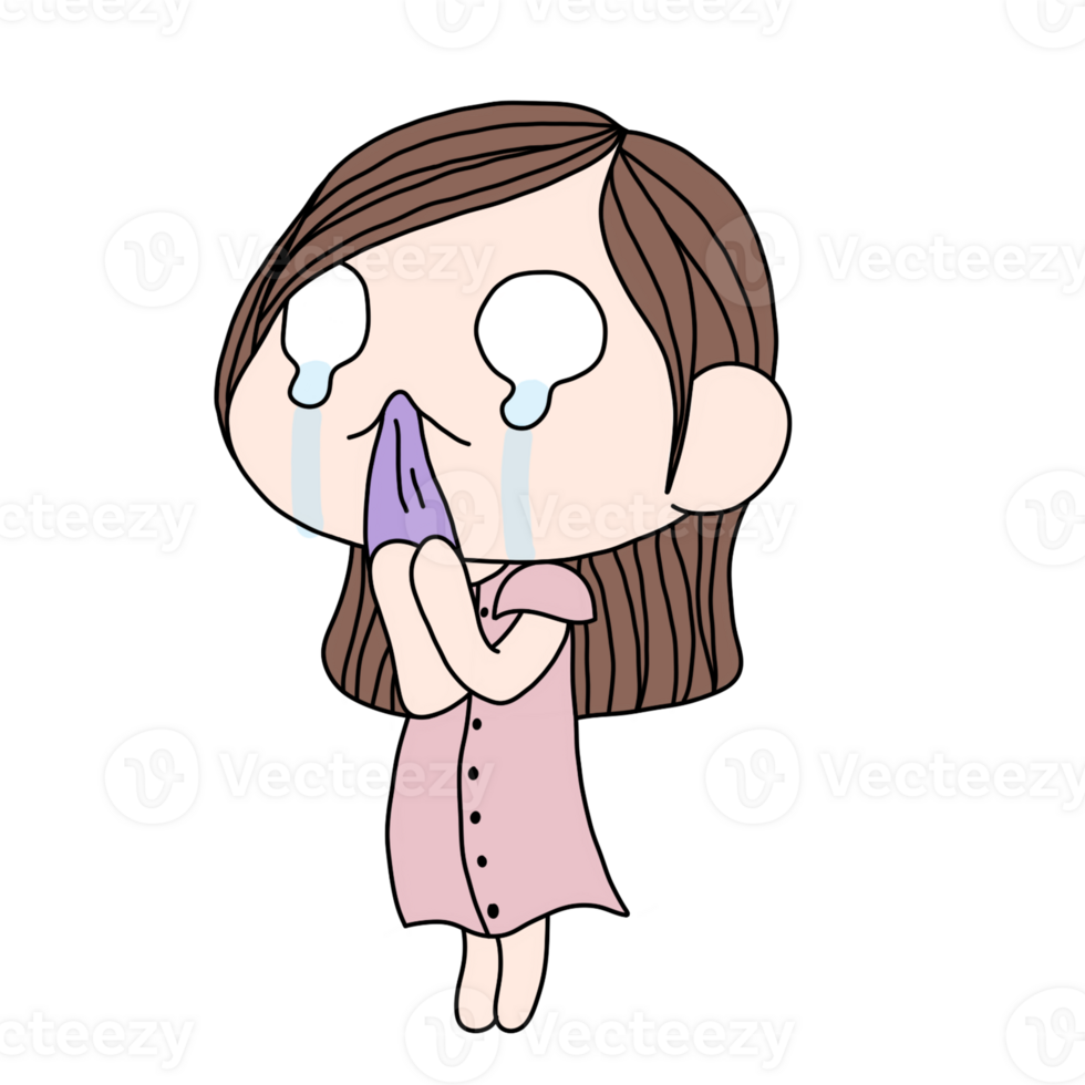 A girl is sad expression and crying. Hand drawn in thin line style. png