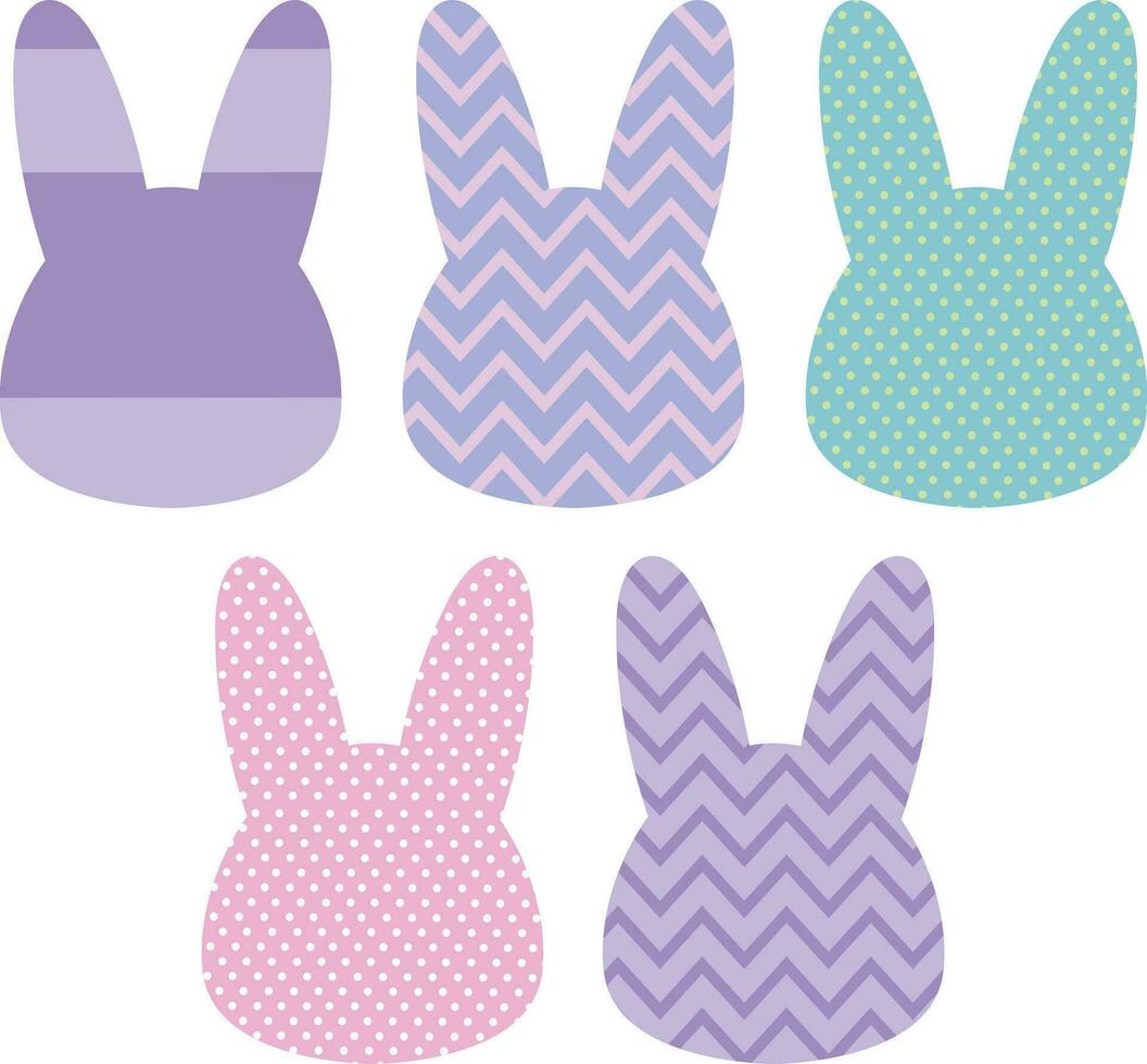 Set of rabbit heads with different patterns. Bunny head outline. Vector illustration