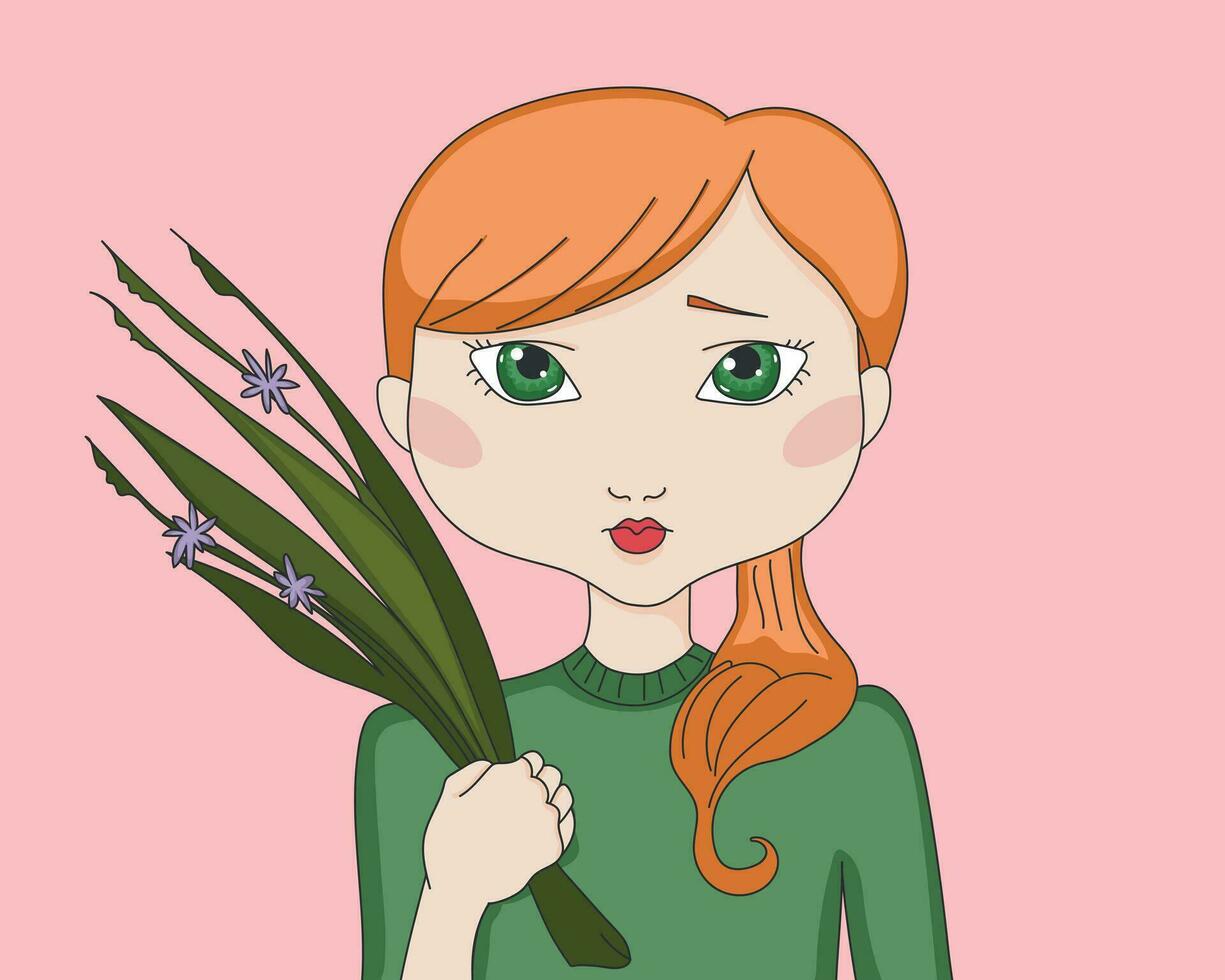 Cartoon redhead girl with flowers in her hand. Hand drawn vector illustration