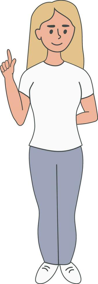 Cartoon girl with a pointing finger. Female pointing or attracting viewers attention. Hand drawn girl with raised index finger vector