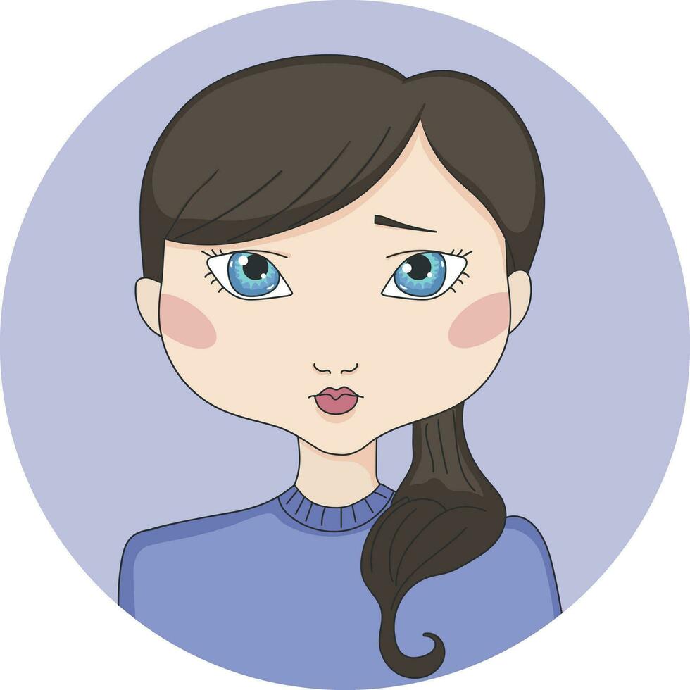 Cartoon brown haired girl with blue eyes. Girl avatar in a circle. Hand drawn vector illustration