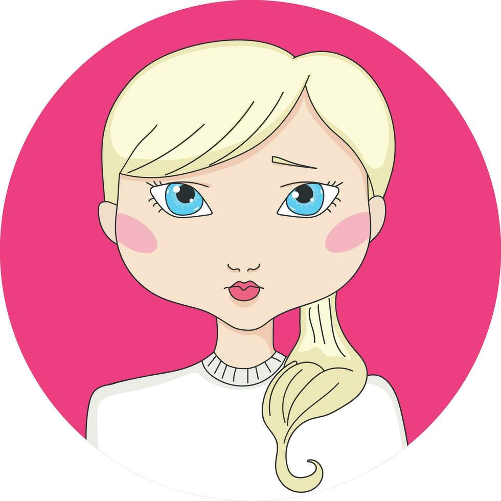 dibujos animados rubia peludo niña con azul ojos. niña avatar en un círculo. mano dibujado vector ilustración