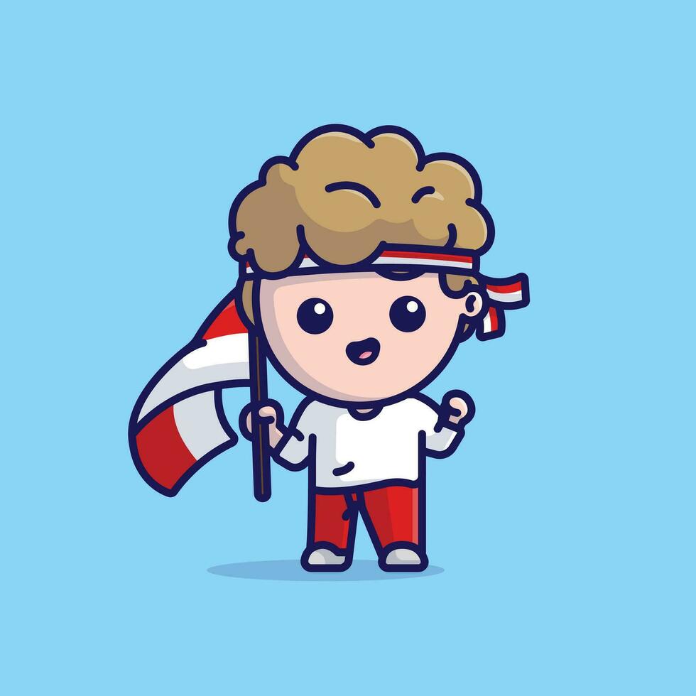 Cute boy holding indonesian flag cartoon vector illustration celebrate icon