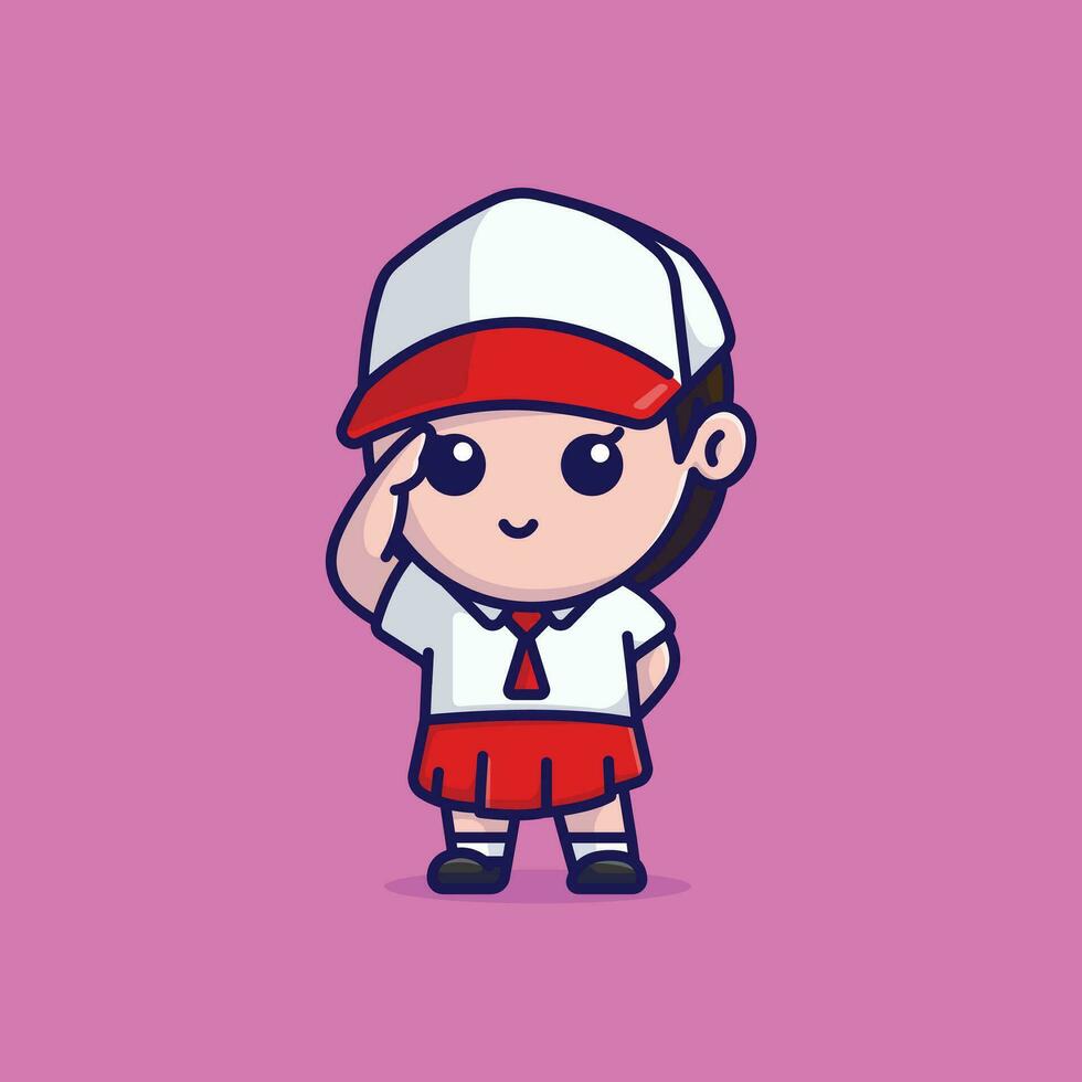 Cute girl wearing a hat indonesian elementary school cartoon vector illustration student icon