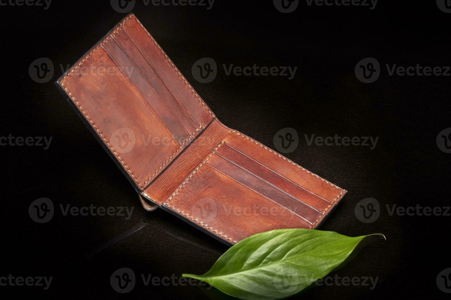 Leather brown open purse and green leaf on a dark background. photo