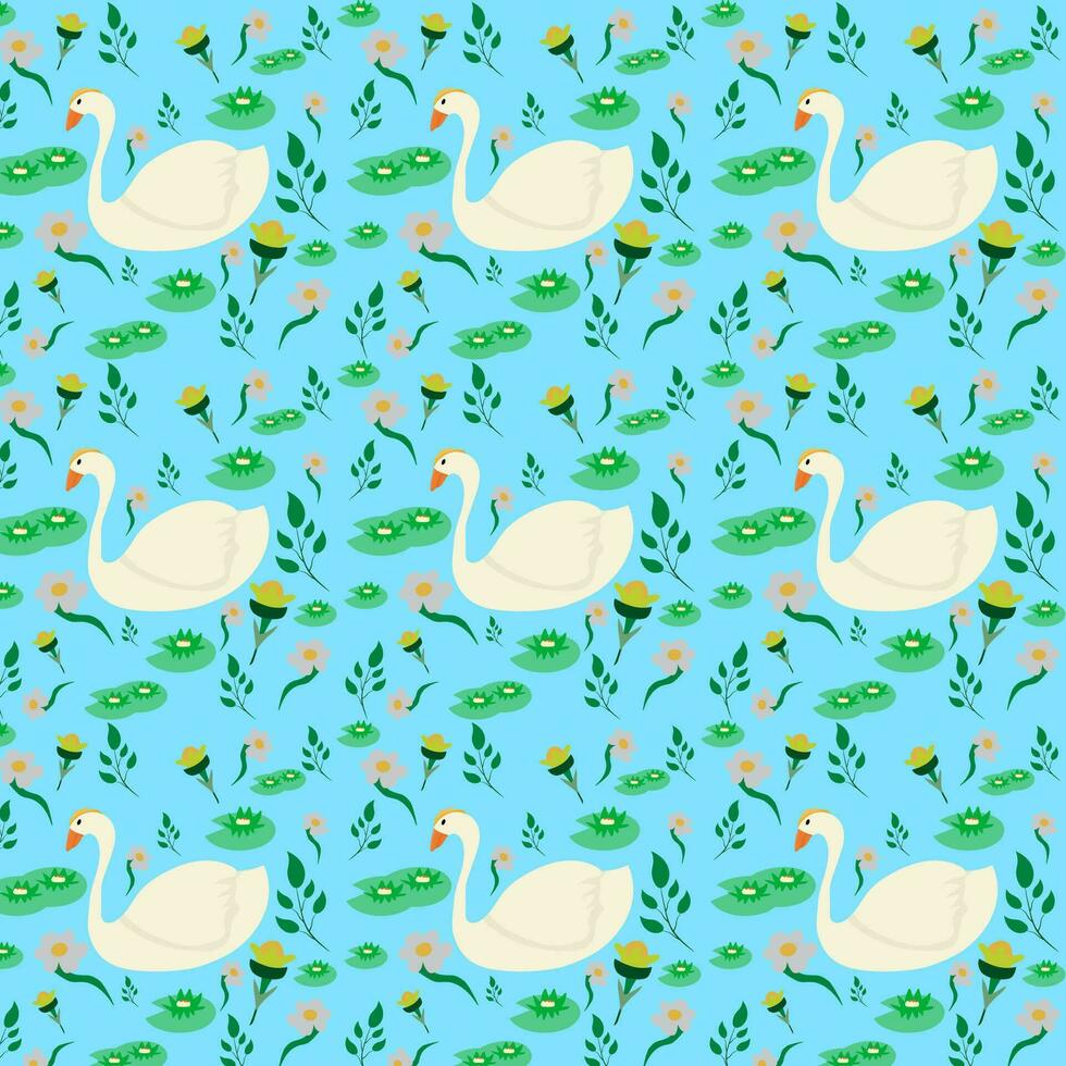 seamless pattern with swans and flowers illustration on lite blue background. vector