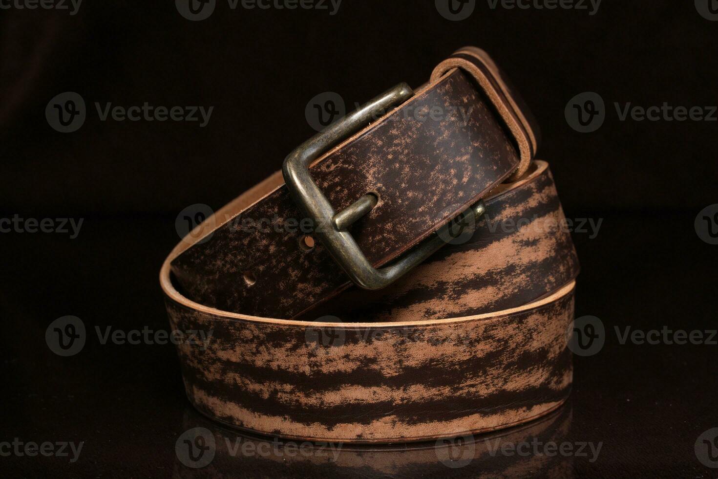 Brown leather belt with scuffs and a metal buckle on a dark background. photo