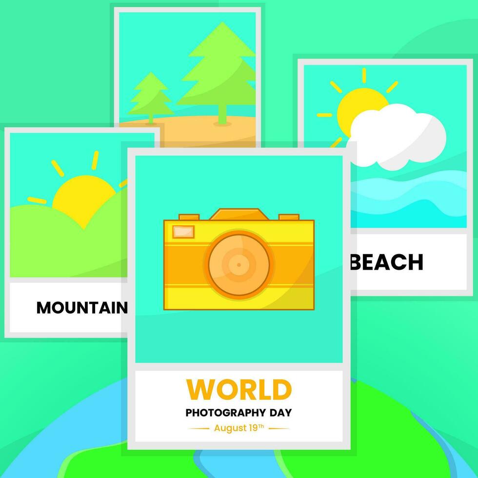 Camera, picture and globe design for World Photography Day. used for social media post, greeting card, poster, banner vector