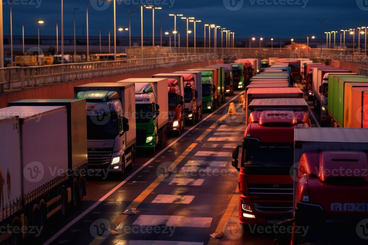 a long traffic jam of many trucks at the border , a long wait for customs checks between States due to the coronavirus epidemic, increased sanitary inspection of cargo transport photo