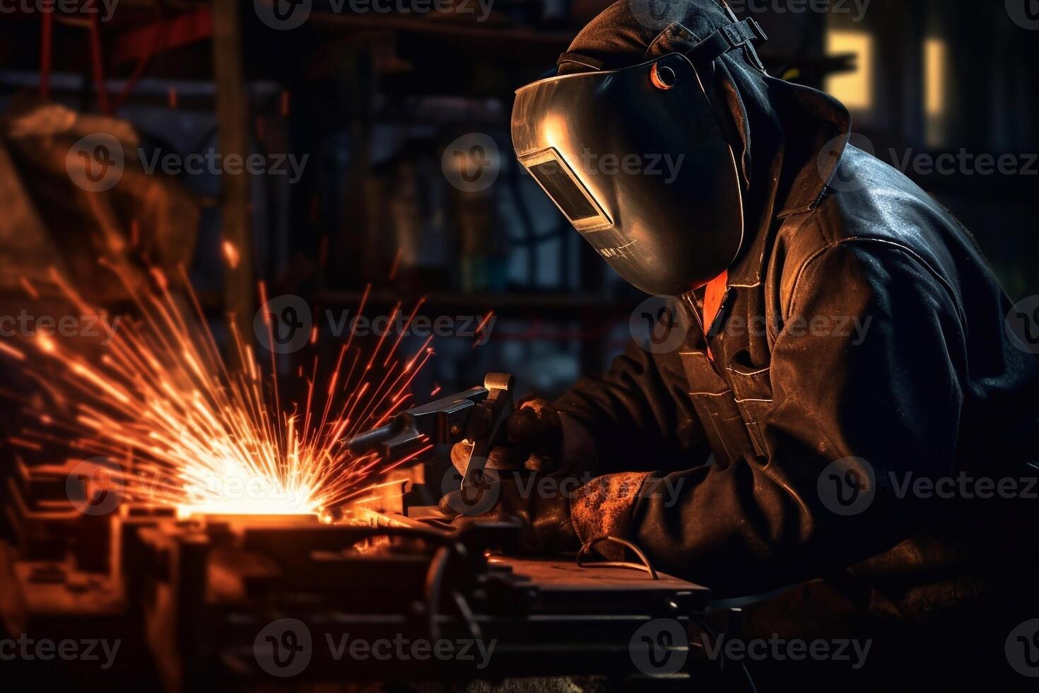 Welder on steel structure in factory photo
