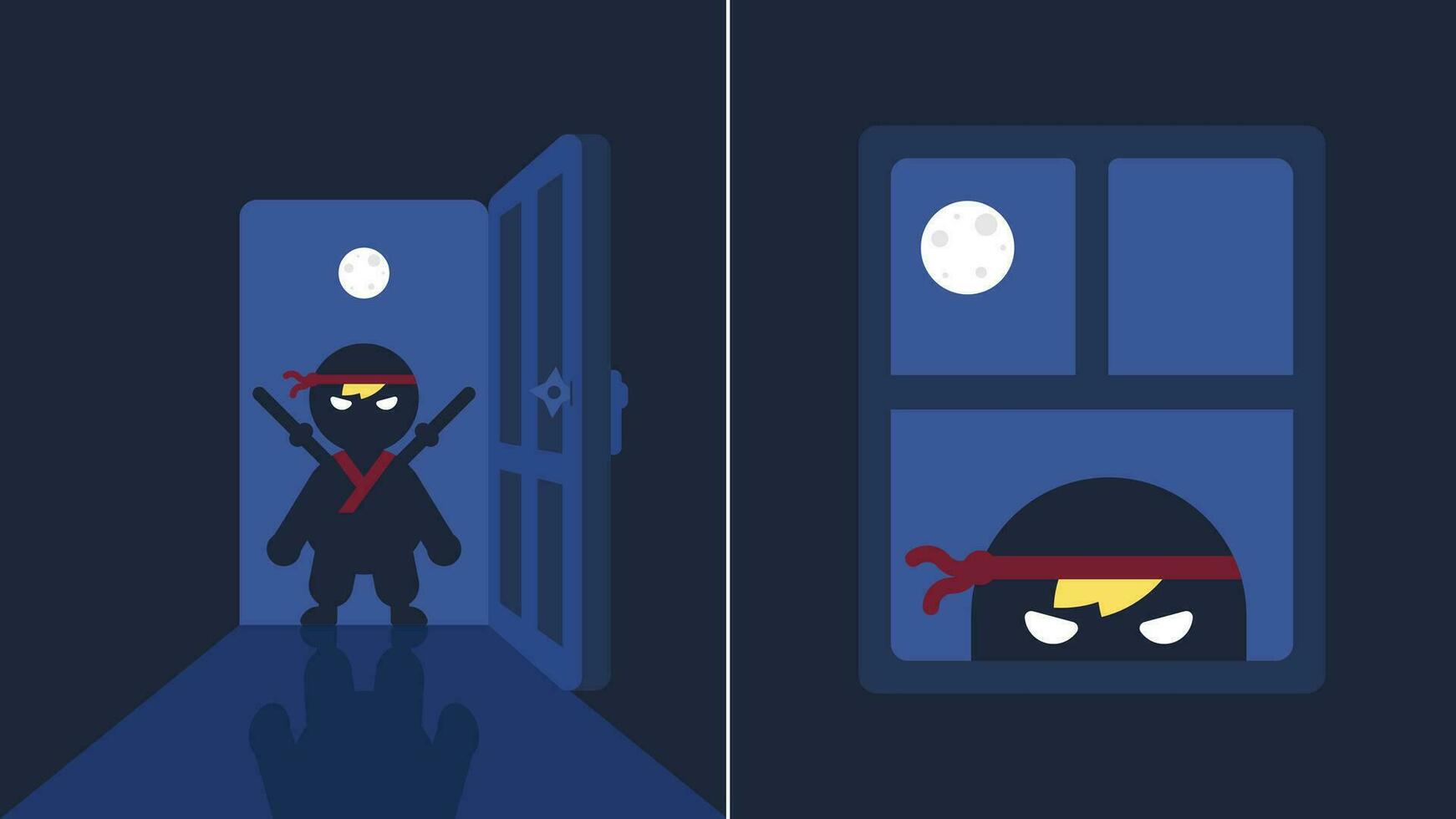 mini ninja con tradicional traje, en pie en el oscuro y apertura el puerta con su largo sombra, lleno Luna noche, echar un vistazo fuera el ventana, acecho alguien, haciendo un parte superior secreto misión, plano avatar vector