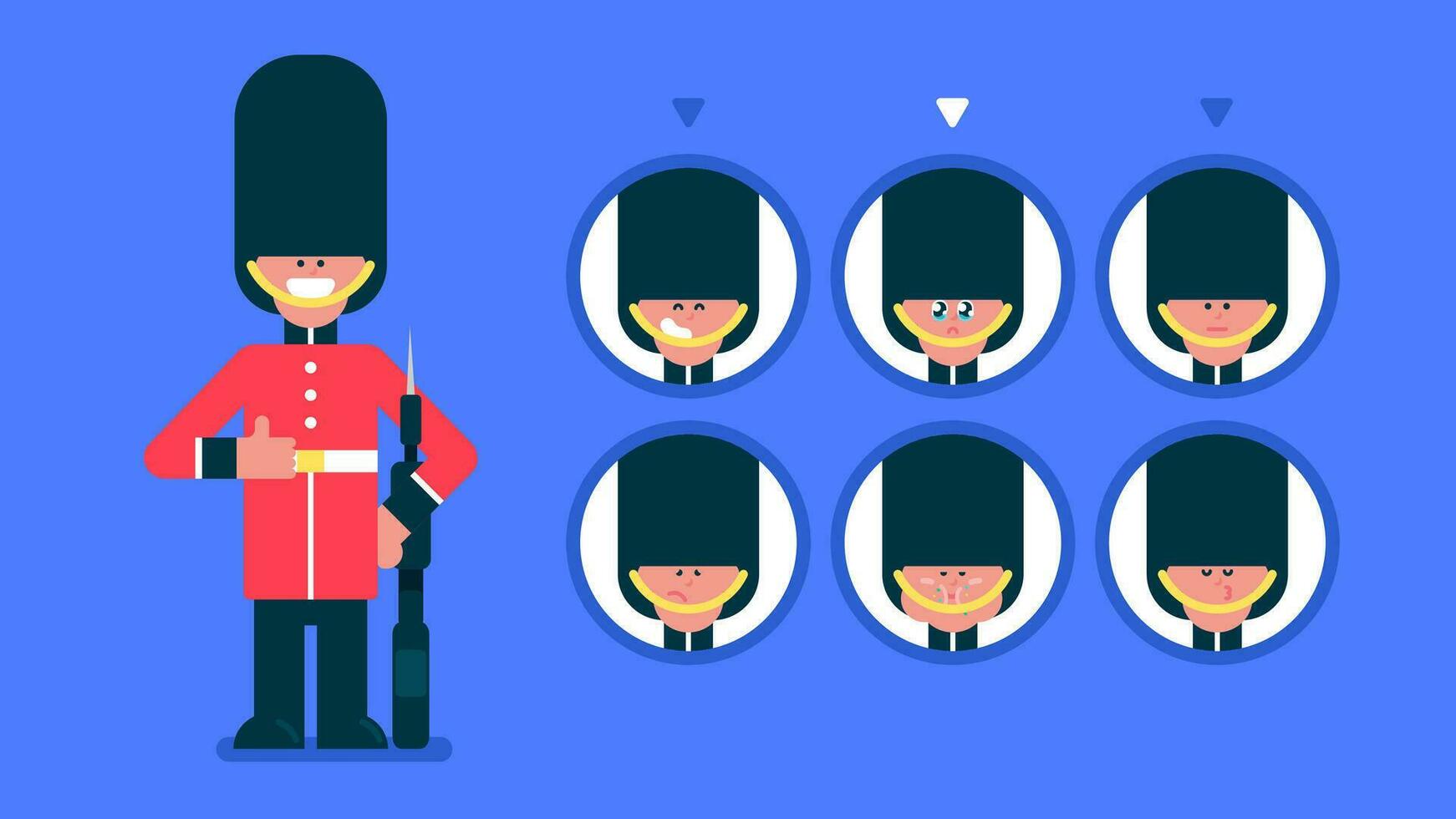 British guardsman in sentry duty, Queen's Guard standing and Holding rifle weapon with black fur hat,  Royal Guard in different emotions, London, United Kingdom, Flat avatar vector