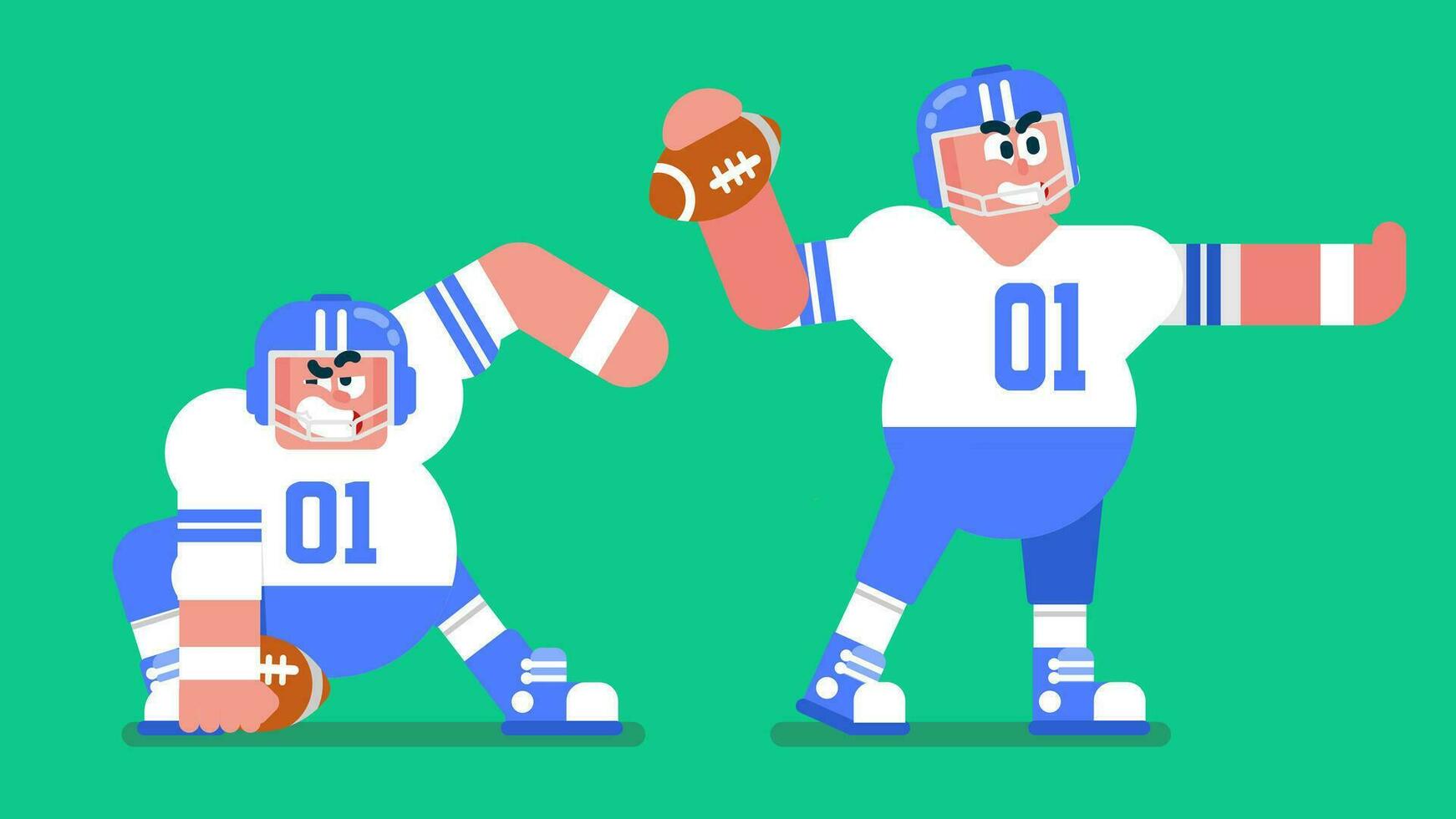 American football sportsman player with pigskin ball ready to throw it, proud footballer in different poses show himself, wear blue helmet and white t-shirt ready to play, Flat avatar vector