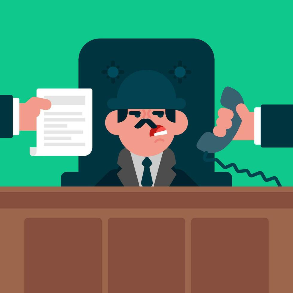 Angry Businessman sitting on his office and gives instructions to staff, employee gives handset to his boss, employee gives Daily report to manager, Flat avatar vector illustration.