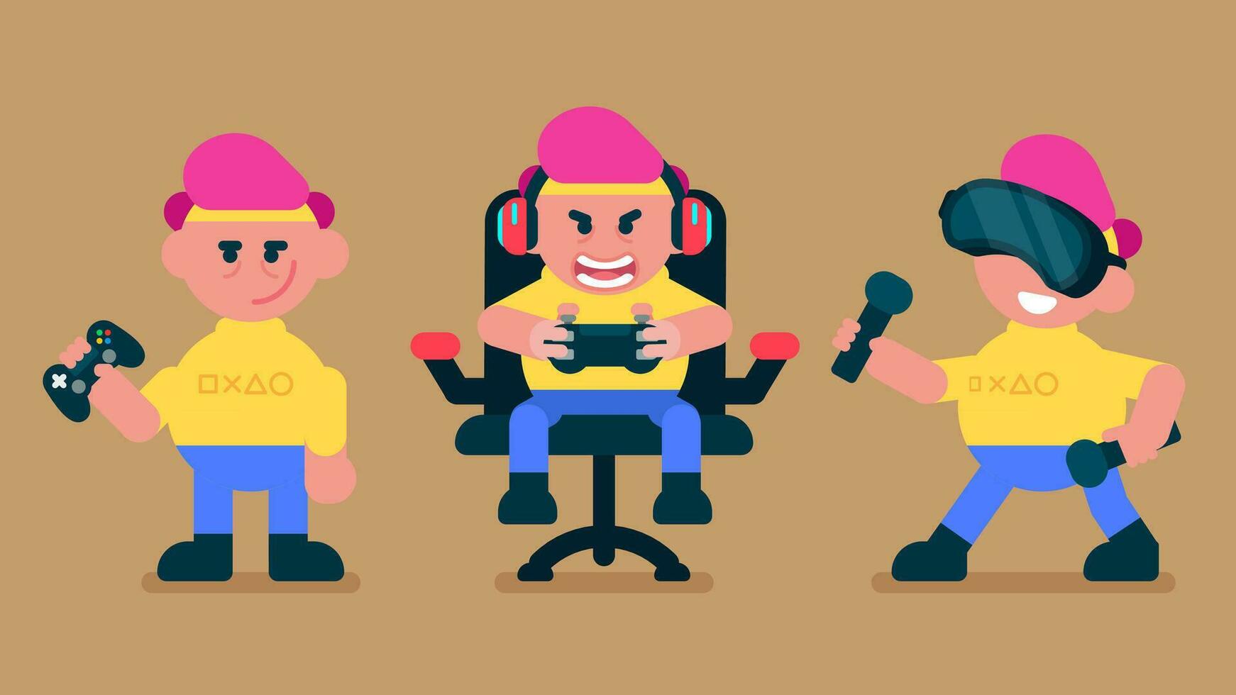 plano niño jugando vídeo juegos, vestir vr anteojos, jugador chico avatar con auricular sentado en juego de azar silla y transmisión, plano avatar vector ilustración.