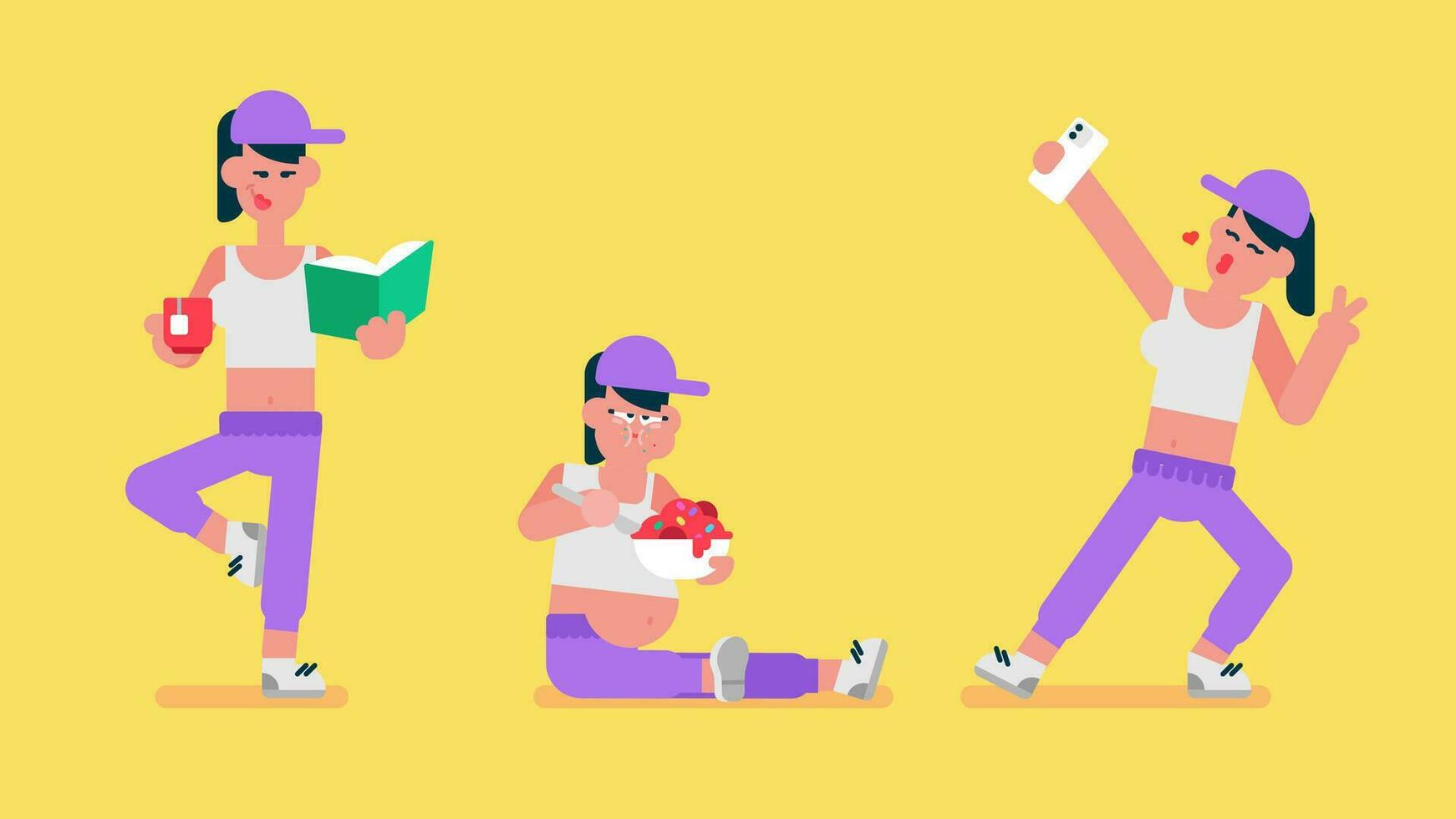 Fitness woman Take selfie with duck face, Young sportswoman poses, Women in sportswear eating ice cream and feel full, Full body of woman stand on one foot, reading book, drink tea, Flat avatar vector