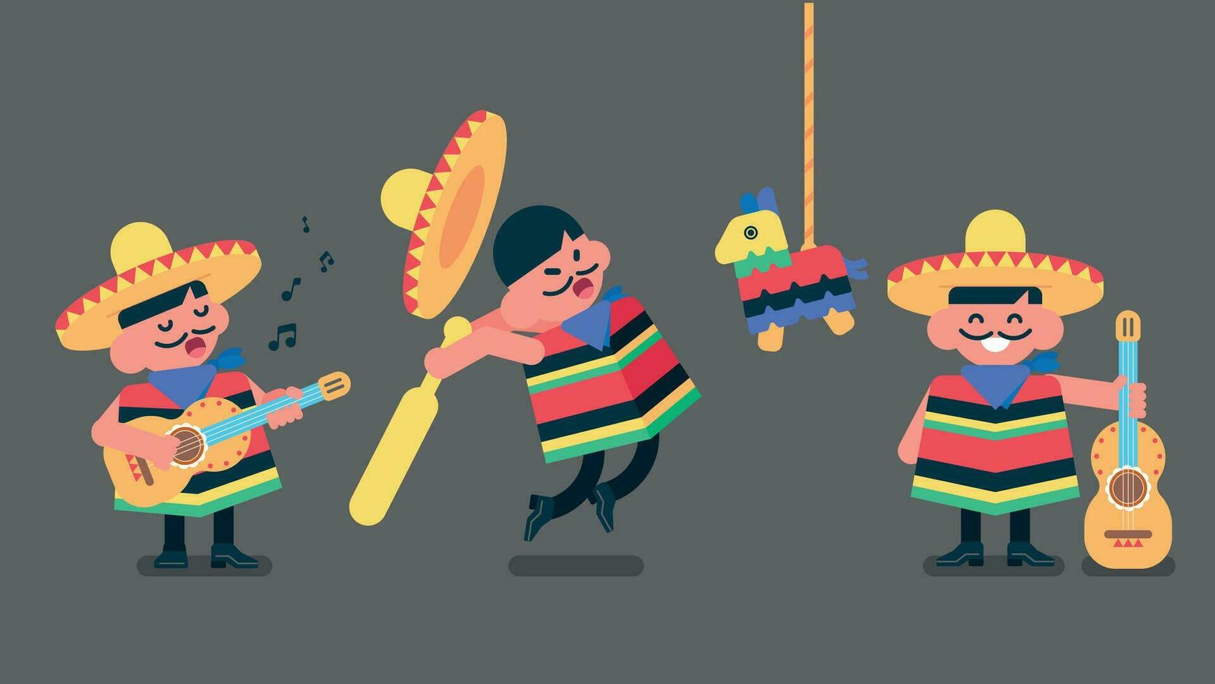 contento mexicano músico jugar guitarra y canta tradicional canciones, tipo mexicano chico golpear el piñata con béisbol murciélago, linda niño con Bigote, plano avatar vector ilustración.