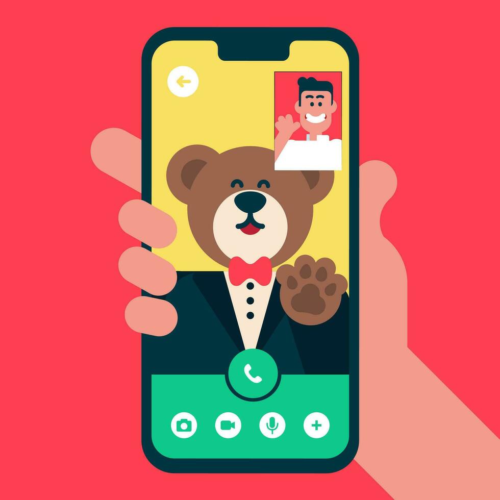 Brown bear making video call with normal guy, talking about works, Teddy bear wear Black suit do a virtual job interview on the mobile phone, Flat avatar vector illustration.