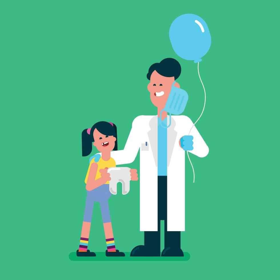 Male dentist wear mask and holding a big balloon to give it to a child after she take off a tooth, Man dentist praise on child, Flat avatar vector illustration