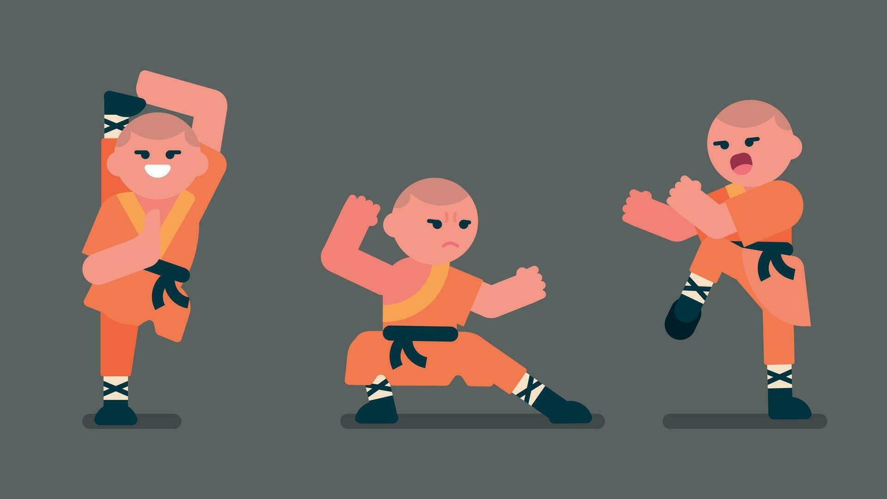 Shaolin chico con naranja tradicional vestir jugar kung fu, formación kárate en gris templo, chino niño práctica a lucha enemigos, plano avatar vector ilustración.