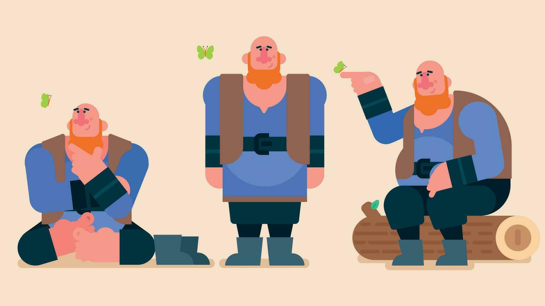 Kind giant play with butterfly, huge titan take off his bottes and sitting on the floor thinking about something, large bald giant sitting on Tree trunk and feeling good, Flat avatar vector