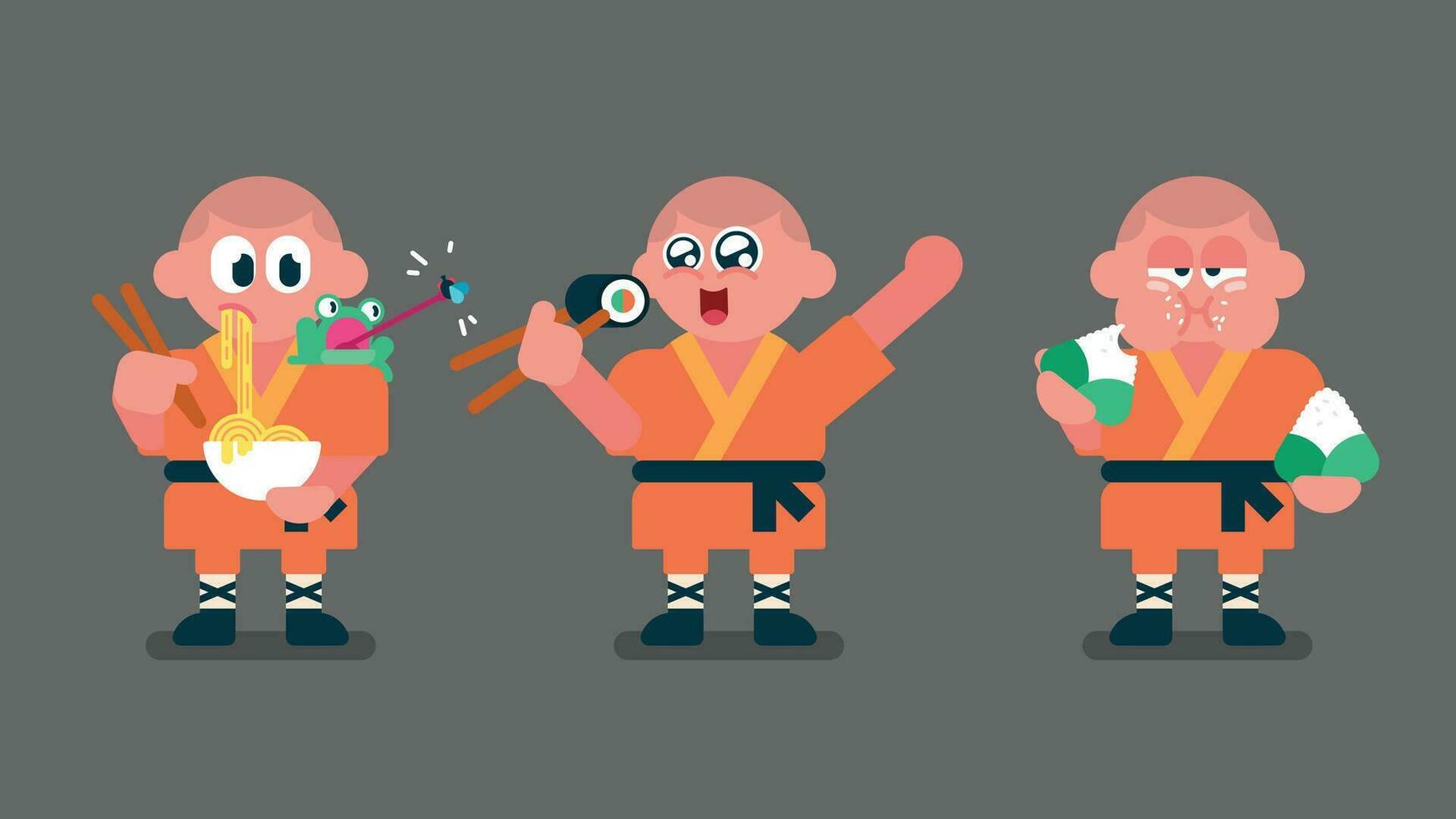 Shaolin chico con naranja tradicional vestir comiendo tallarines y mirando a rana atrapando volar, kung fu niño comiendo Sushi por palillo, mastica onigiri, plano avatar vector ilustración