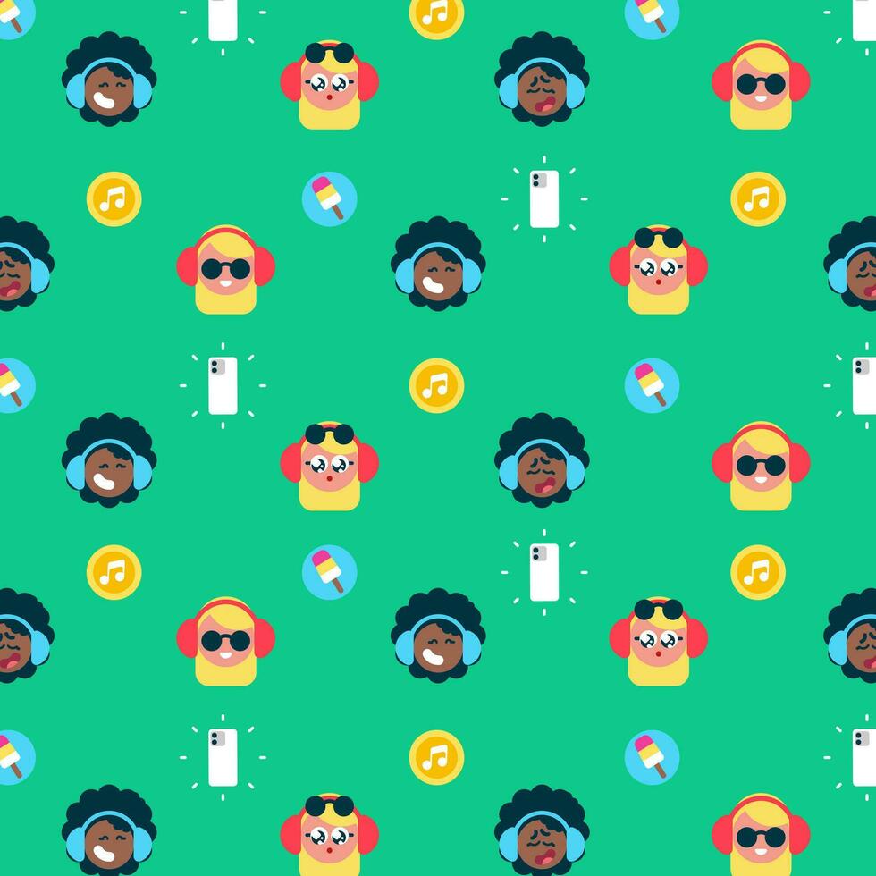Set of Vector Patterns with Flat charcters, blonde teenage girl and black african afro girl with smartphone, music and icecream icons, Flat avatar vector