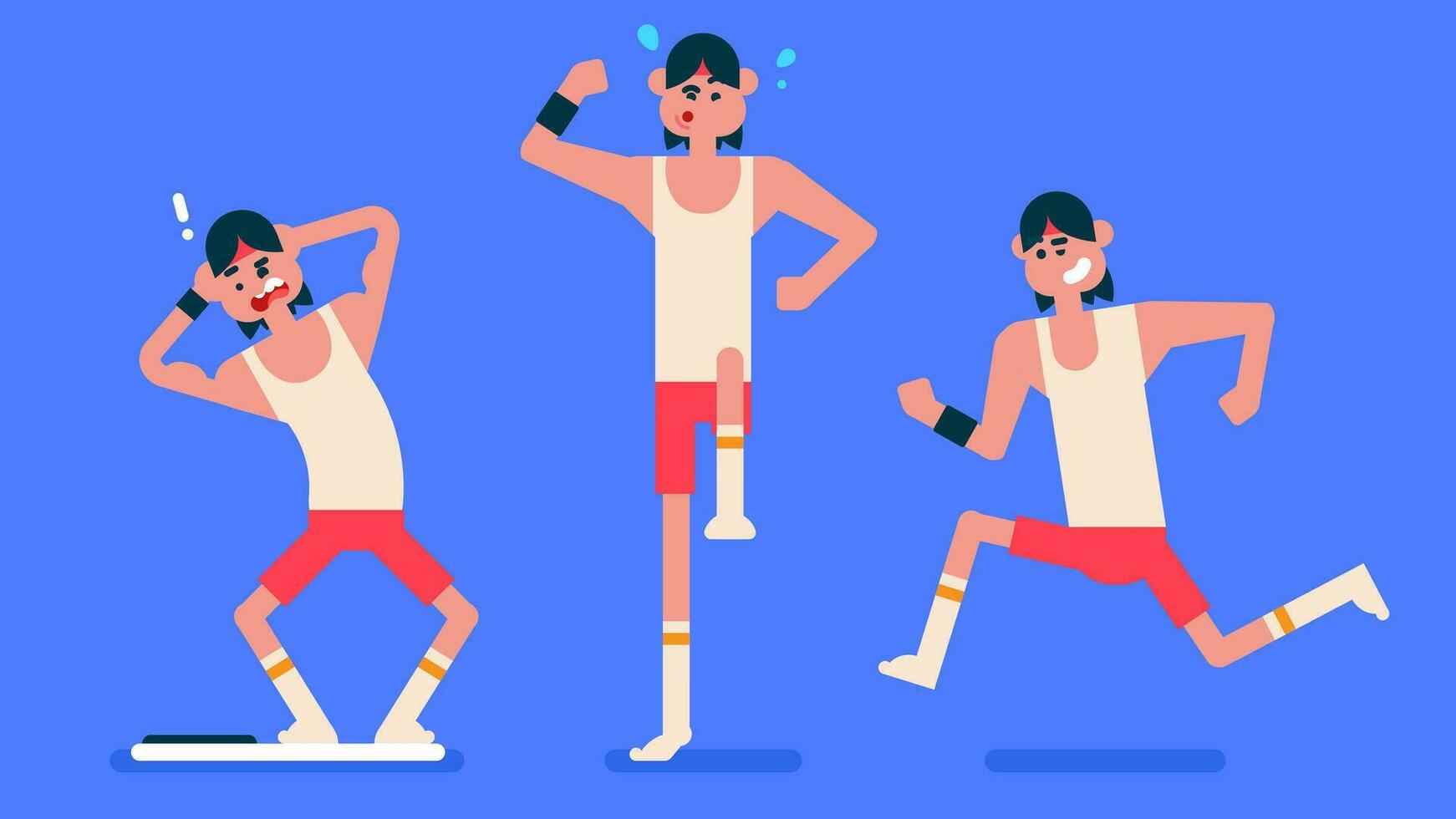 Sport man with thin body wear red underwear doing exercise, Athlete player running, Surprised to gain weight, Flat avatar vector illustration.