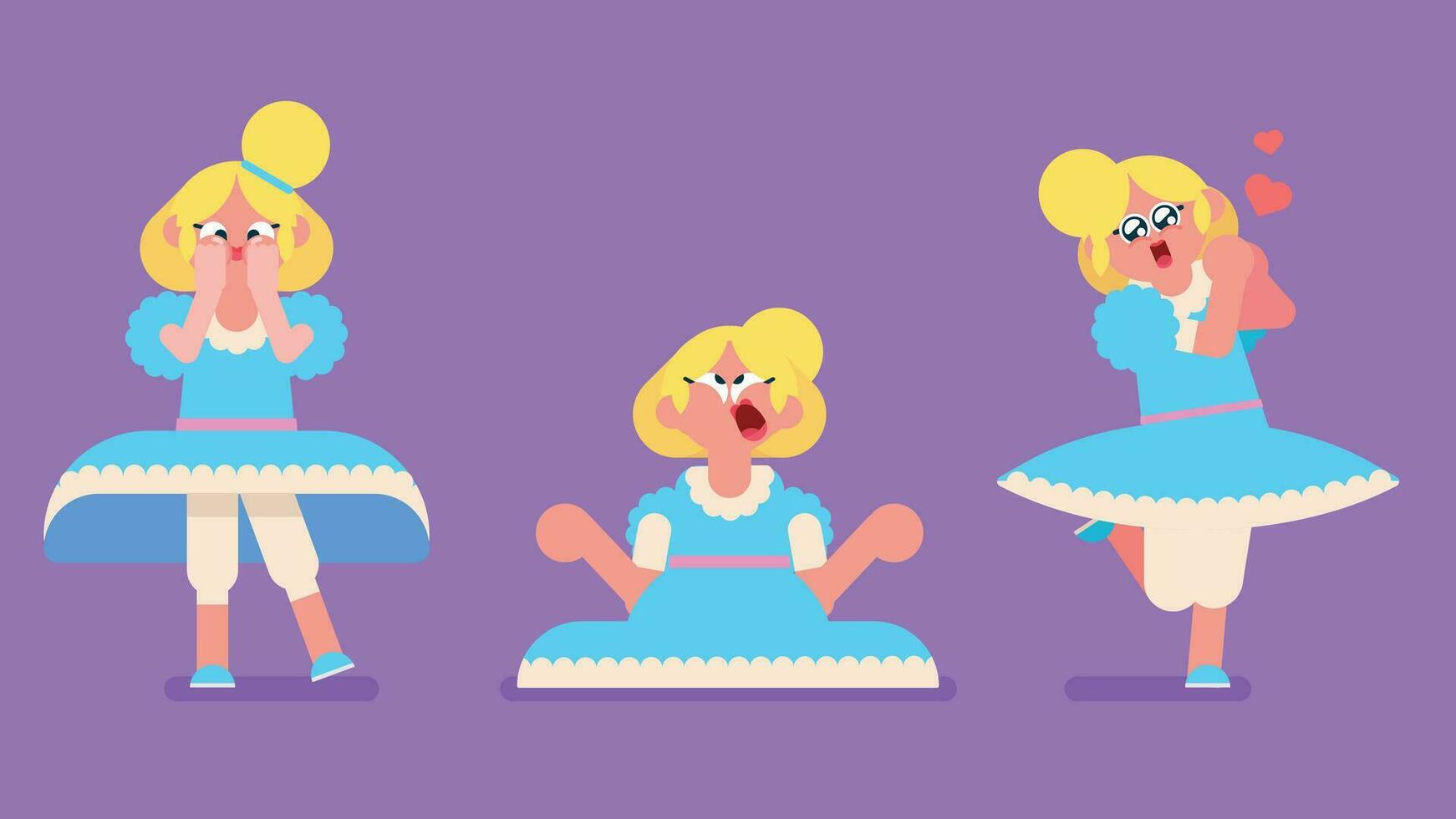 Happy princess wear baby blue dress with different sets, kind cute girl with blonde hair sitting on the floor and scream, feeling with love, windy dress and feel ashamed, Flat avatar vector