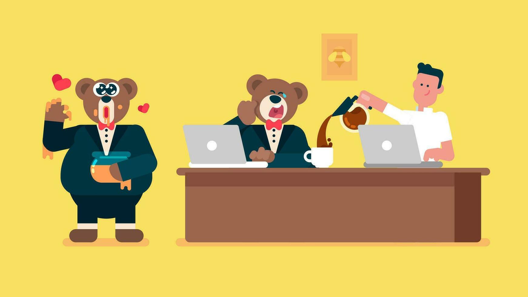 Teddy bear wear Black suit Taste honey and feel so happy, businessman brown bear feel sleepy and yawn, Coworker pouring coffee into the cup, working on laptop, Flat avatar vector illustration.