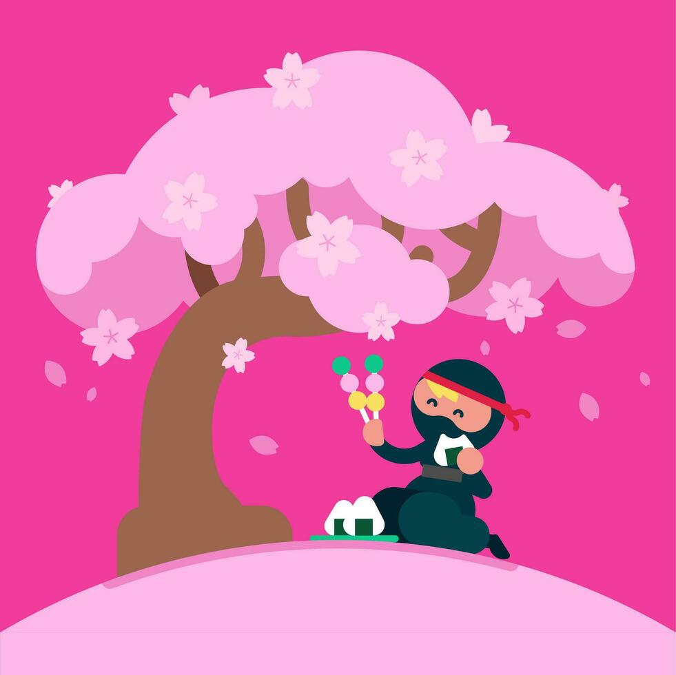 Cute ninja with traditional ninja suit Sitting under sakura tree and eating Onigiri, Tiny ninja kid eating Dango under genus Prunus, Flat avatar vector illustration.