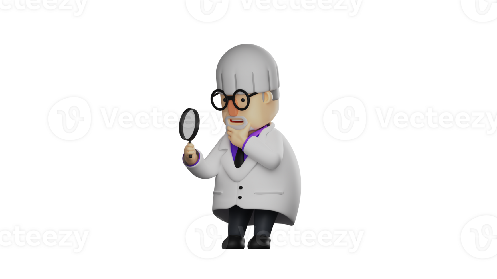 3D illustration. Professor 3D cartoon character. The old professor put the magnifying glass over his eyes. The Professor faced forward and showed a serious expression. 3D cartoon character png